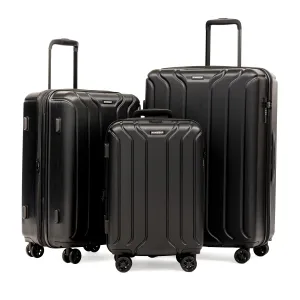 Three black hard-shell suitcases of varying sizes with four wheels and telescopic handles are shown.