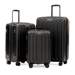 Three black hard-shell suitcases of varying sizes with four wheels and telescopic handles are shown.