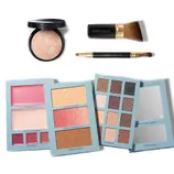 Variety of makeup products including a face powder, Laura Geller brush, double-ended eye brush, and palettes for creams, blush, setting powder, and eyeshadow, with shades ranging from pink to neutral tones.
