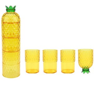 Stackable pineapple-themed glass set with four yellow cups and a green top resembling a pineapple.