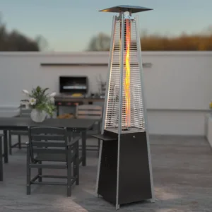 Patio with a pyramid-style outdoor heater beside a table set with chairs and decorative plants, and a grill in the background.