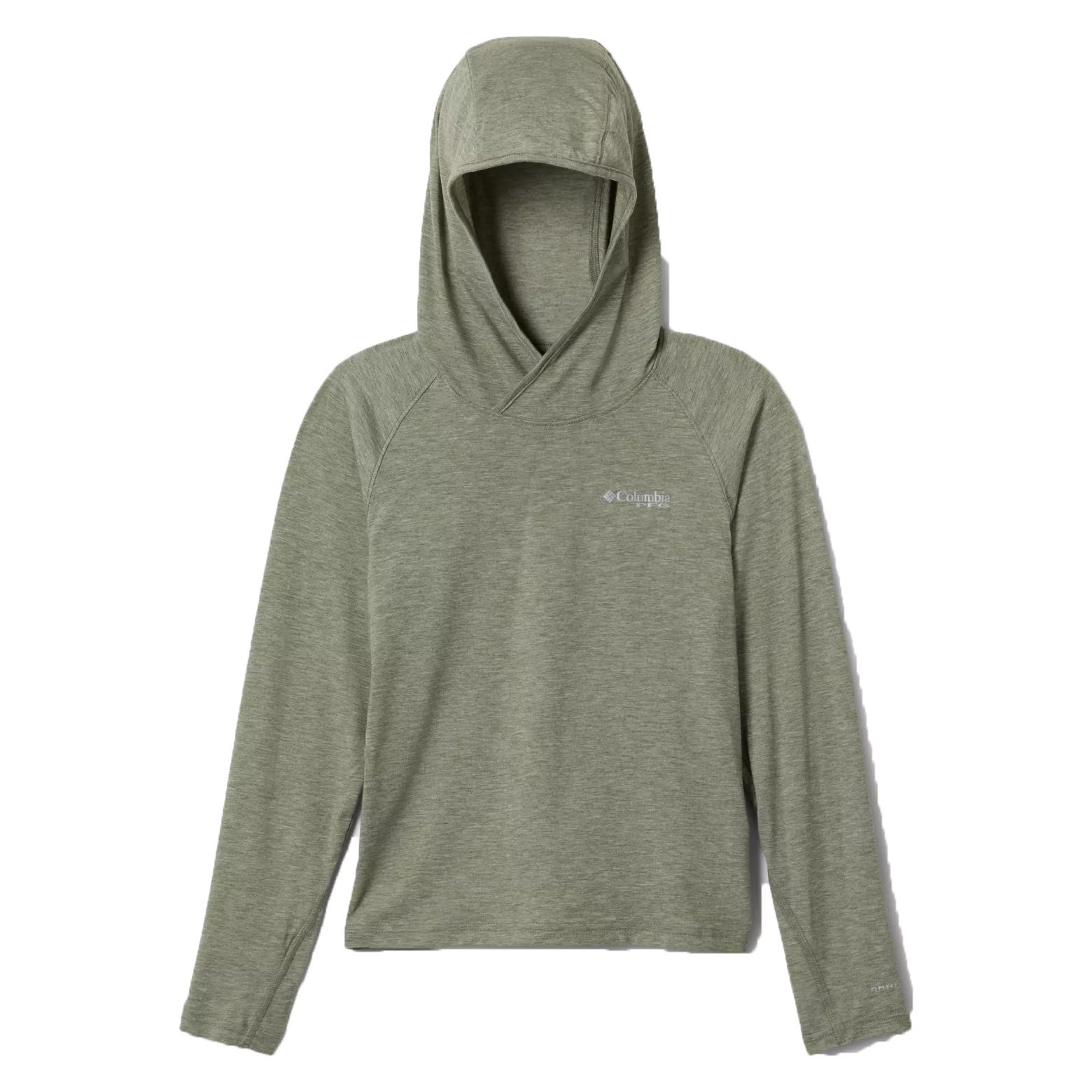 A light green hooded pullover with long sleeves featuring the Columbia logo on the chest, made from a soft, textured fabric.