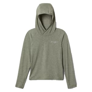 A light green hooded pullover with long sleeves featuring the Columbia logo on the chest, made from a soft, textured fabric.