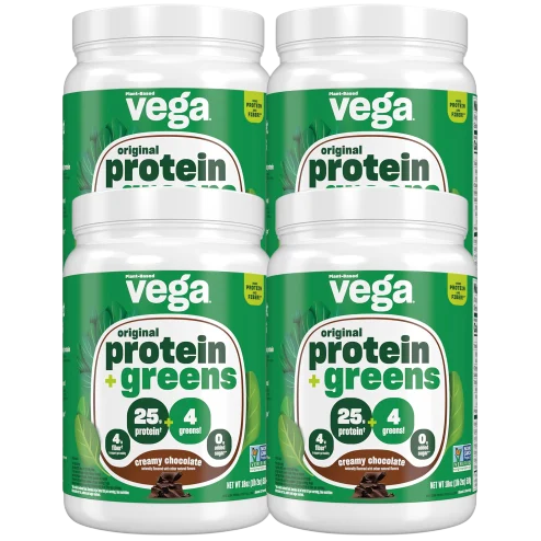 Vega Original Protein + Greens in creamy chocolate flavor, featuring 25g of protein, 4g of greens, and no added sugar. Non-GMO and plant-based. Four containers shown.