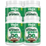 Vega Original Protein + Greens in creamy chocolate flavor, featuring 25g of protein, 4g of greens, and no added sugar. Non-GMO and plant-based. Four containers shown.