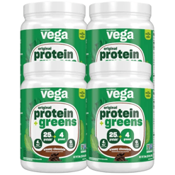 Vega Original Protein + Greens in creamy chocolate flavor, featuring 25g of protein, 4g of greens, and no added sugar. Non-GMO and plant-based. Four containers shown.
