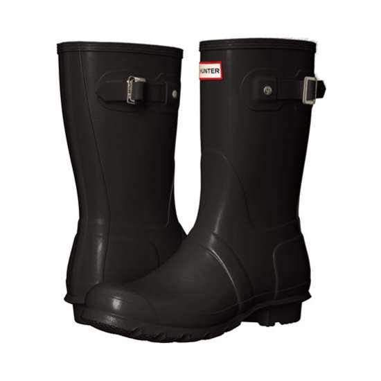 Black mid-calf rubber boots with adjustable side buckles and a reinforced toe.