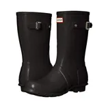 Black mid-calf rubber boots with adjustable side buckles and a reinforced toe.