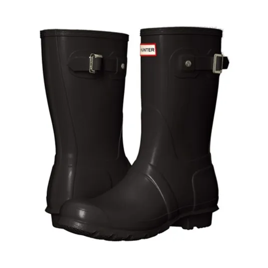 Black mid-calf rubber boots with adjustable side buckles and a reinforced toe.