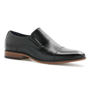 Black leather slip-on dress shoe with a cap toe and a wooden heel.