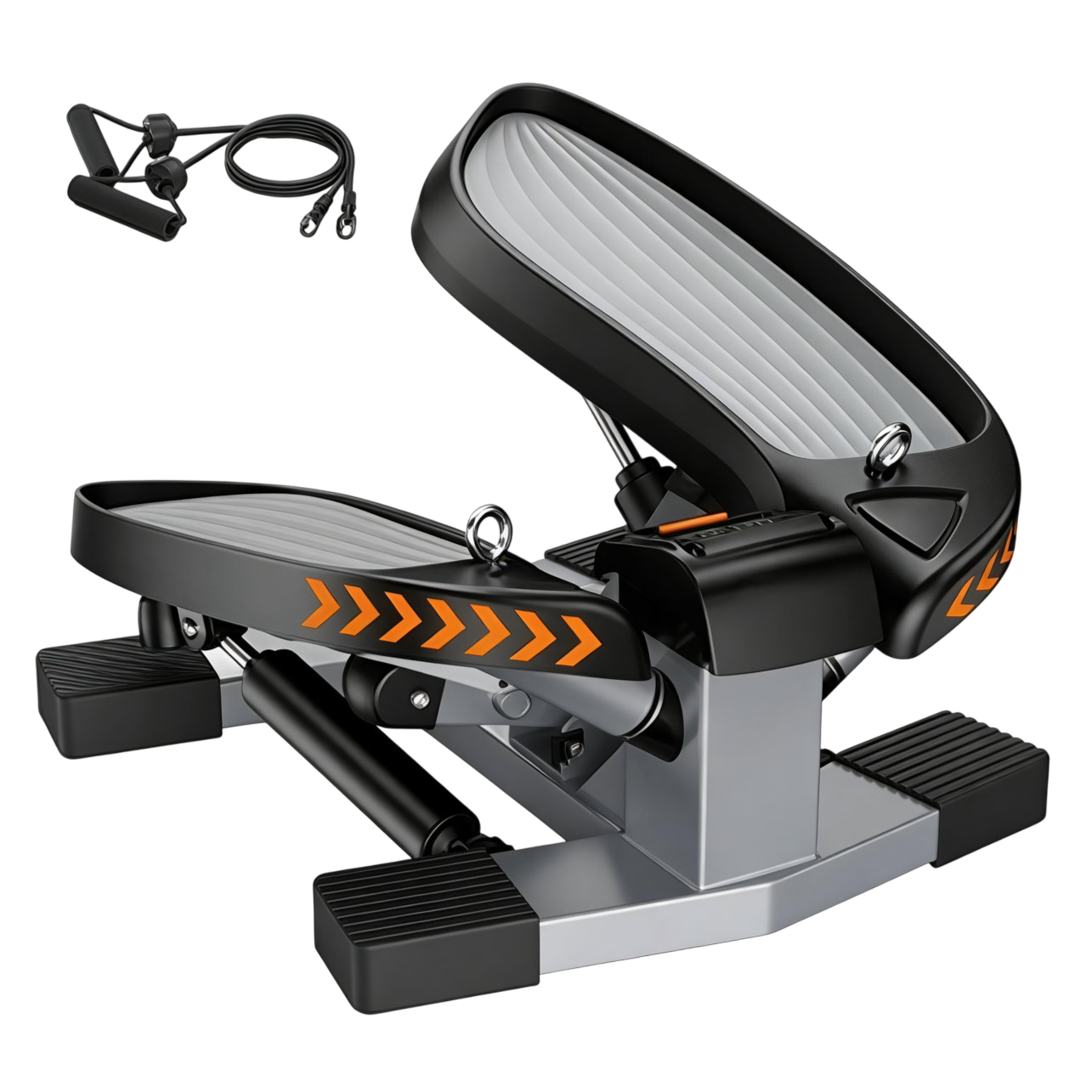 A compact stepper with non-slip pedals and resistance bands, featuring an ergonomic design with orange accent chevrons for home workouts.
