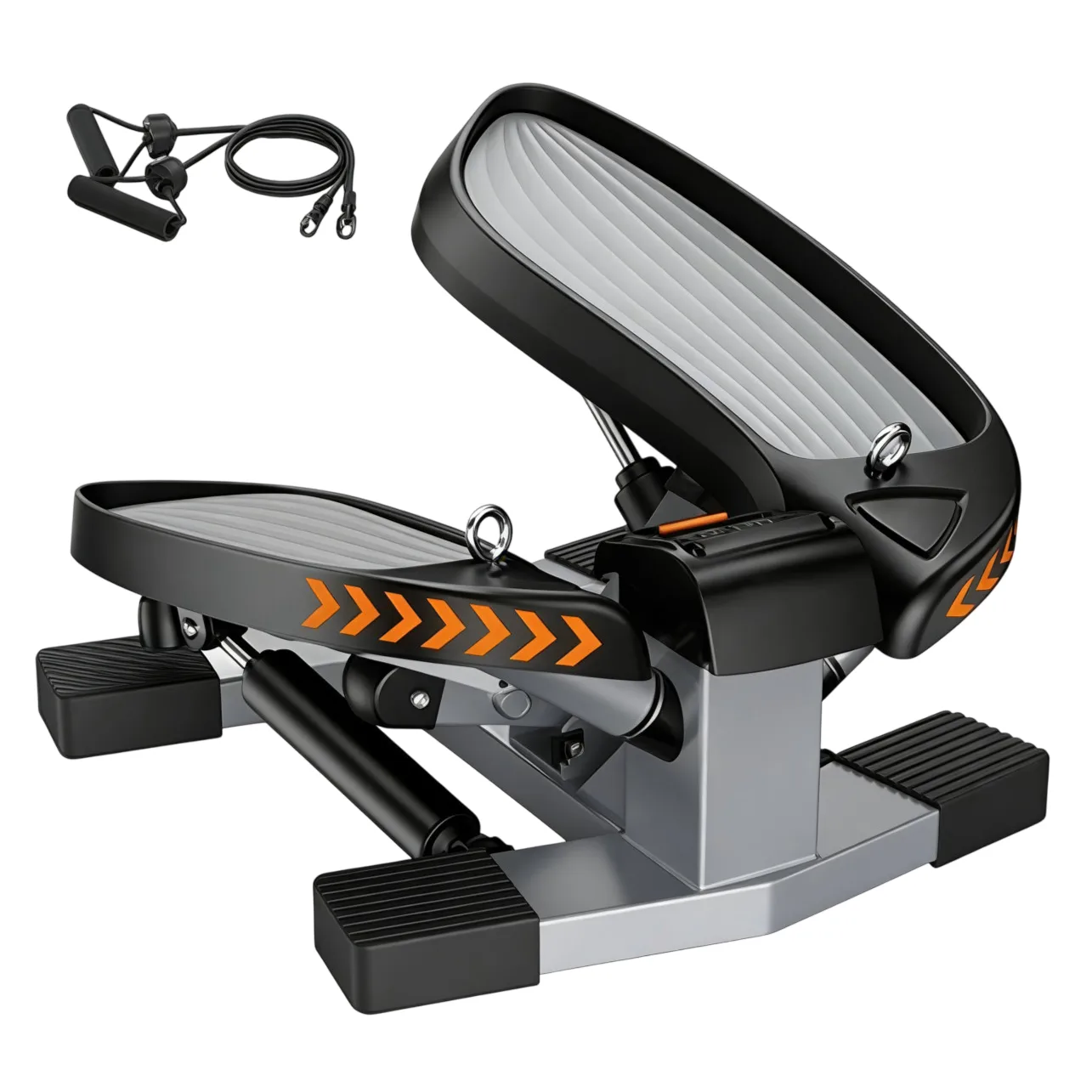 A compact stepper with non-slip pedals and resistance bands, featuring an ergonomic design with orange accent chevrons for home workouts.