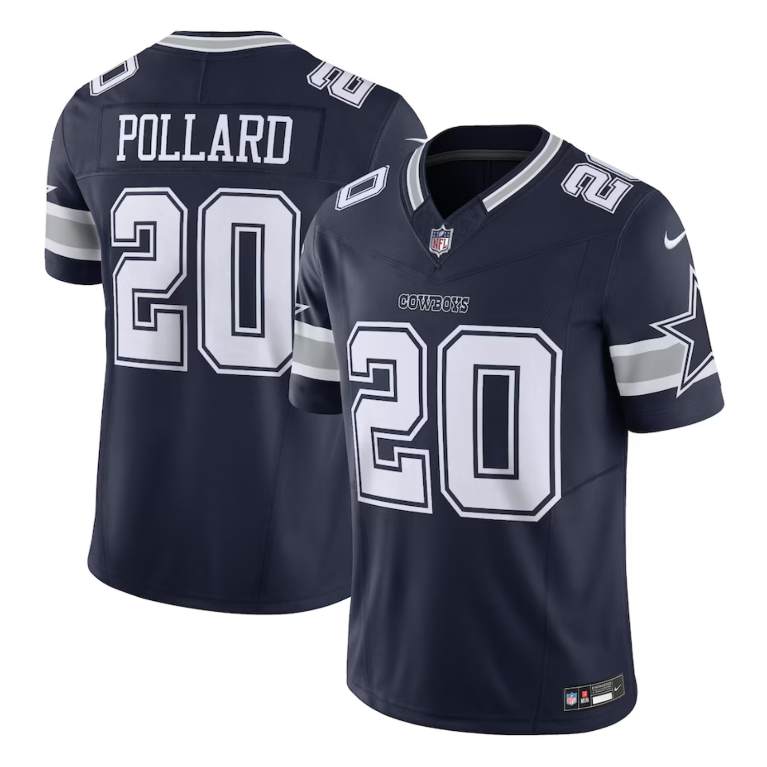 Dallas Cowboys Nike jersey, navy blue with \“Pollard\“ and number 20 on front and back, featuring team name and star logo on sleeves.