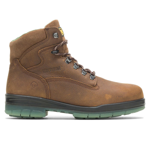 Brown leather work boot with lace-up closure and a green outsole.