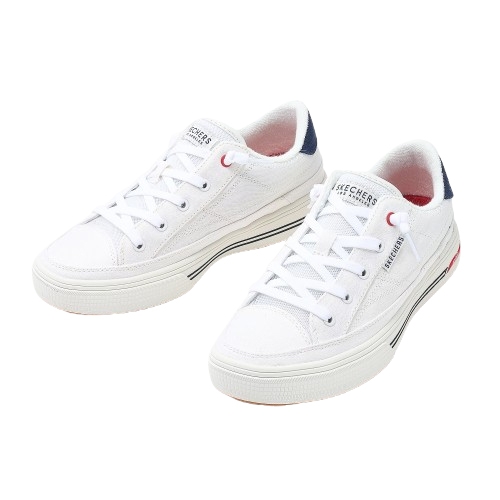 White Skechers sneakers with a low-top design, featuring lace-up closures, red accents, and contrasting navy details on the heel.