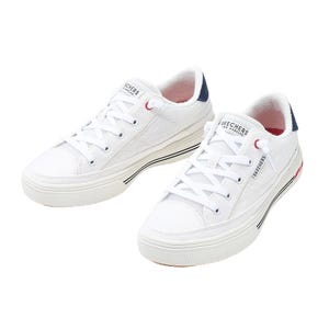 White Skechers sneakers with a low-top design, featuring lace-up closures, red accents, and contrasting navy details on the heel.