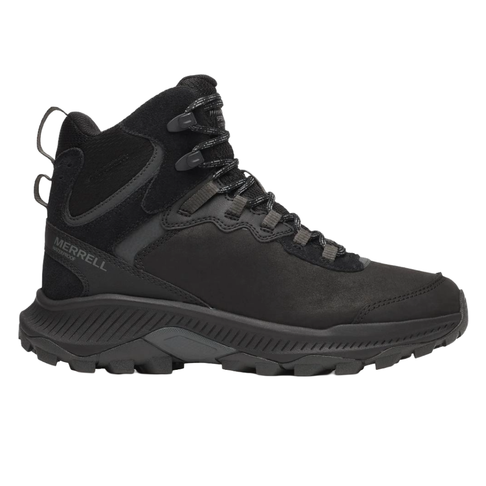Black Merrell hiking boot with waterproof design, featuring sturdy laces and a rugged sole for outdoor use.
