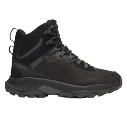 Black Merrell hiking boot with waterproof design, featuring sturdy laces and a rugged sole for outdoor use.