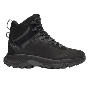 Black Merrell hiking boot with waterproof design, featuring sturdy laces and a rugged sole for outdoor use.