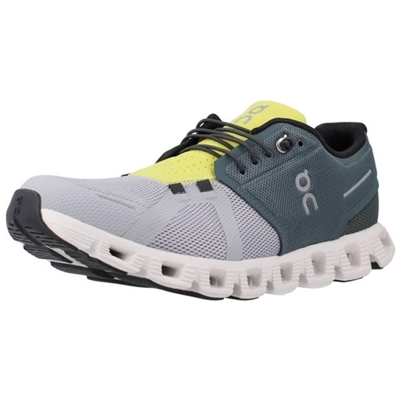On Running Men's Cloud 5 shoe features a mesh upper in gray and yellow with dark accents, a cushioned CloudTec sole in white with distinctive hollow pods for lightweight comfort, and lace-up closure for a secure fit.