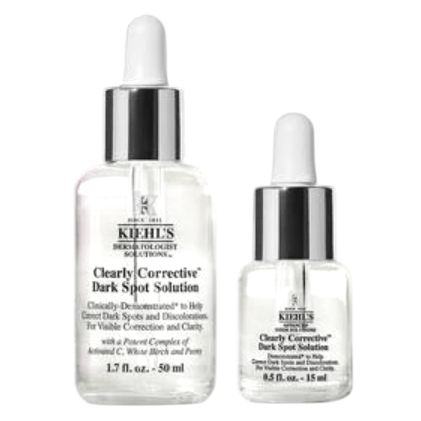 Kiehl's Clearly Corrective Dark Spot Solution, available in 1.7 fl. oz. (50 ml) and 0.5 fl. oz. (15 ml) sizes, aims to reduce dark spots and discolorations for clearer skin.