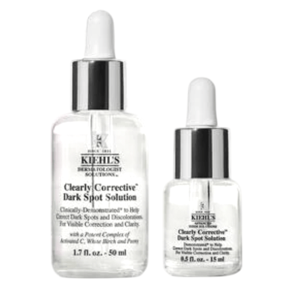 Kiehl's Clearly Corrective Dark Spot Solution, available in 1.7 fl. oz. (50 ml) and 0.5 fl. oz. (15 ml) sizes, aims to reduce dark spots and discolorations for clearer skin.