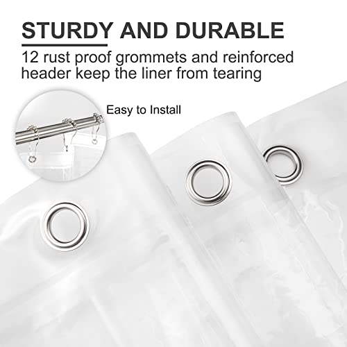 A clear PEVA shower curtain liner with 12 rust-proof grommets and a reinforced header for durability and easy installation.