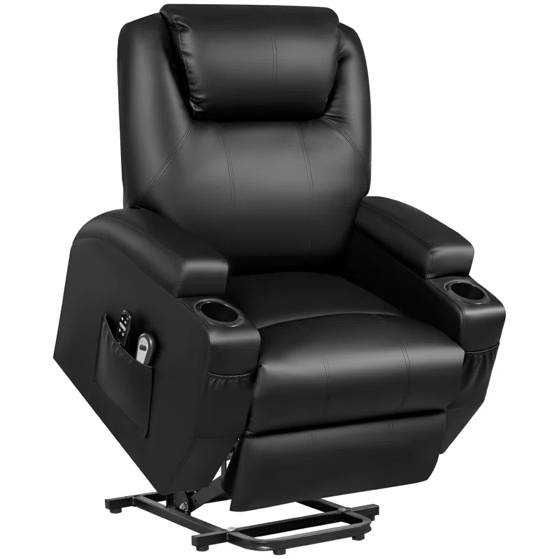 A black Power Lift Massage Recliner with padded cushioning, featuring cup holders, side storage pockets for remotes, and a lift mechanism for assistance. The chair offers a comfortable seating experience with its plush design and supportive headrest.