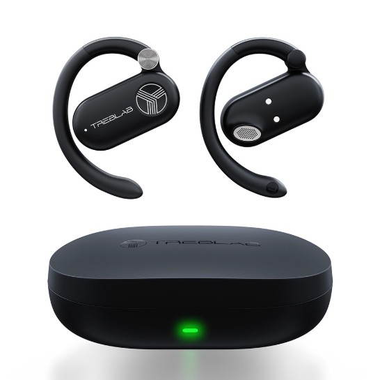 Treblab X-Open Earbuds are wireless, open-ear headphones with a secure wrap-around design, paired with a sleek black charging case featuring an LED indicator.