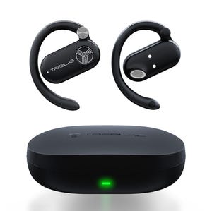 Treblab X-Open Earbuds are wireless, open-ear headphones with a secure wrap-around design, paired with a sleek black charging case featuring an LED indicator.