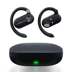 Treblab X-Open Earbuds are wireless, open-ear headphones with a secure wrap-around design, paired with a sleek black charging case featuring an LED indicator.