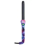 A floral-patterned curling iron with a digital temperature display and control buttons on the handle.