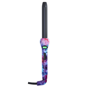 A floral-patterned curling iron with a digital temperature display and control buttons on the handle.