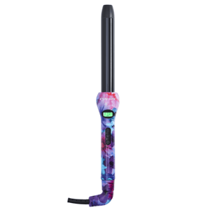 A floral-patterned curling iron with a digital temperature display and control buttons on the handle.