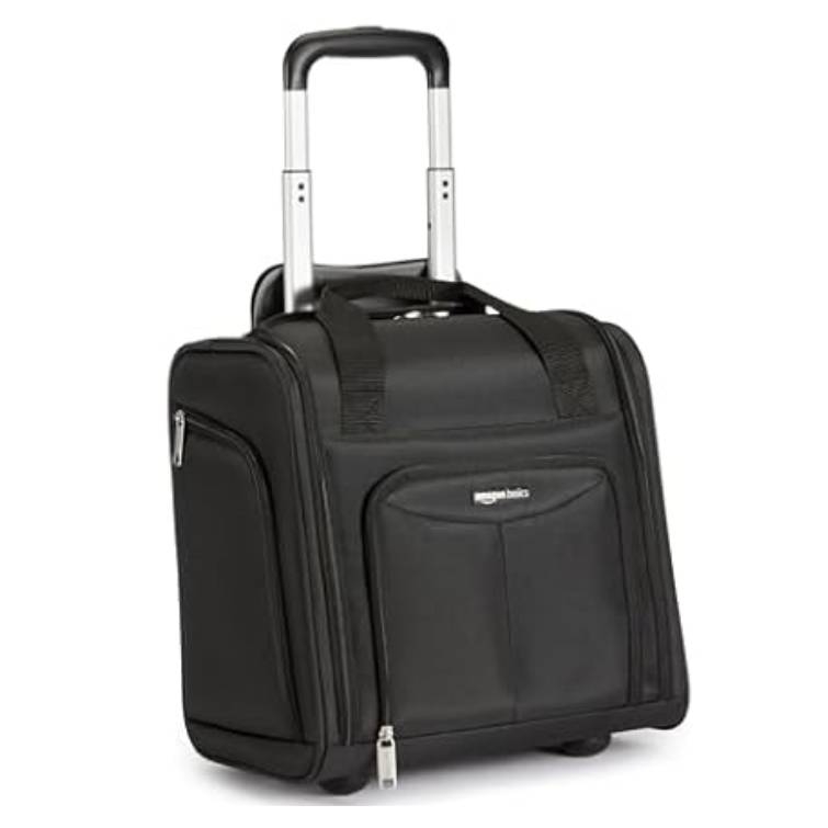 Black rolling tote bag with side and front zip compartments, featuring a retractable handle and tandem carrying straps. Ideal for travel or business use.