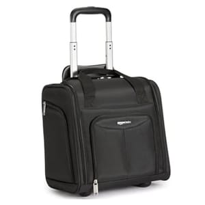 Black rolling tote bag with side and front zip compartments, featuring a retractable handle and tandem carrying straps. Ideal for travel or business use.