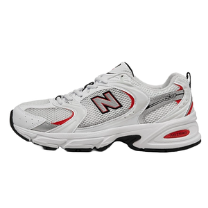 New Balance 530 Casual Shoes feature a white mesh upper with red and black accents, ABZORB cushioning in the midsole, and a classic \“N\“ logo on the side for both comfort and style.