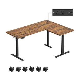 L-shaped wooden desk with adjustable black metal legs, power outlets, and USB ports. Includes a set of six caster wheels for mobility.