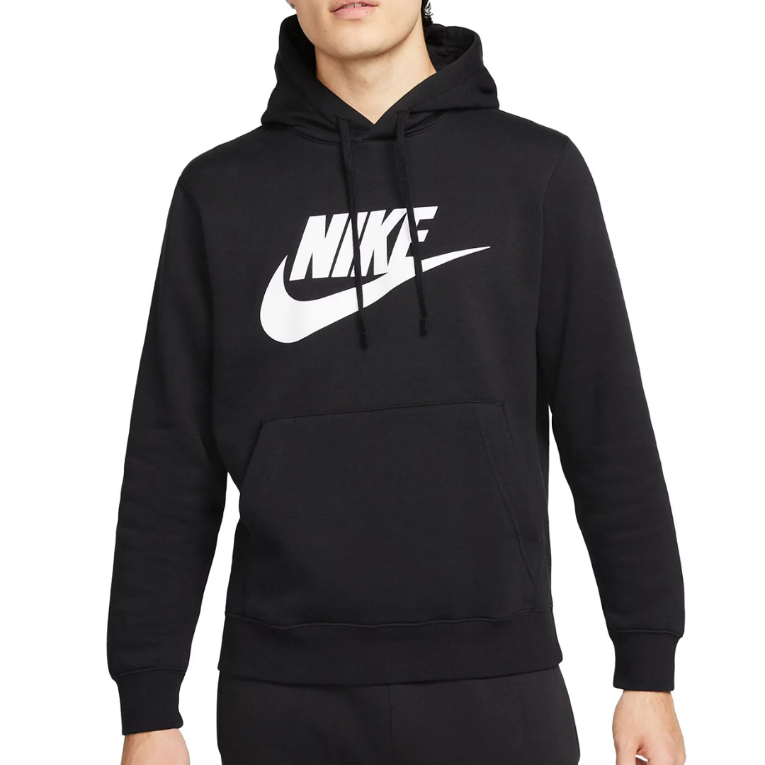 A black Nike hoodie featuring the brand's logo in white on the chest, with a front pocket and drawstring hood.