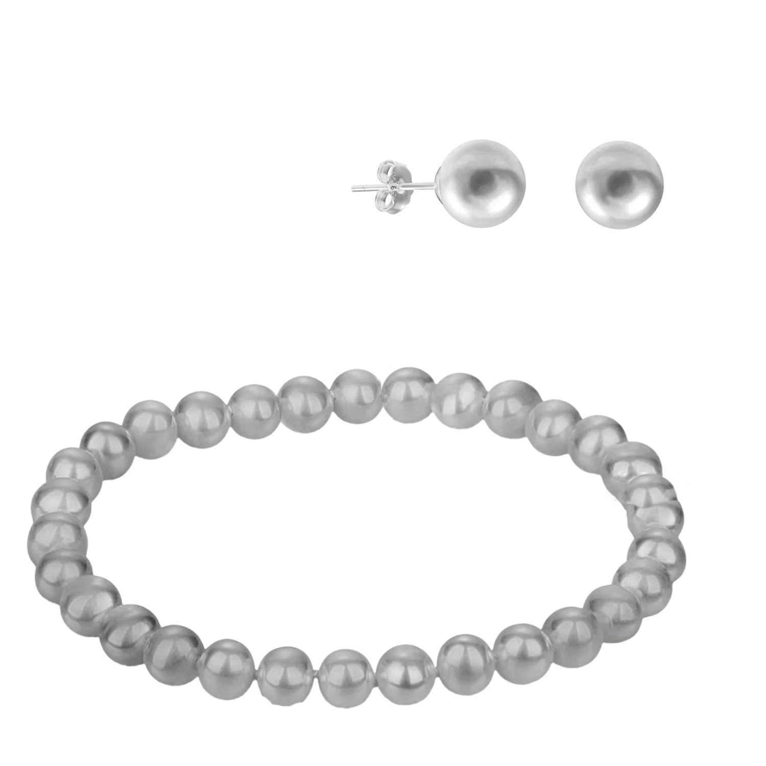 Simulated pearl bracelet and earrings set featuring round, lustrous pearls. The bracelet consists of a continuous strand of pearls, while the earrings are simple stud style for a classic and elegant look.