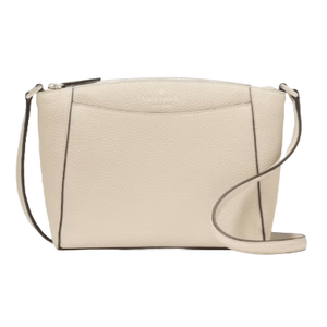 A beige leather crossbody bag with subtle piping detail and an adjustable strap.