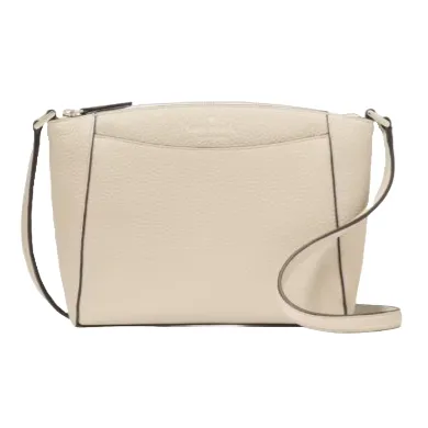 A beige leather crossbody bag with subtle piping detail and an adjustable strap.