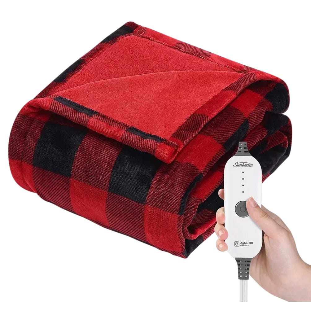 Red and black plaid electric blanket with a handheld control featuring buttons for heat settings and an auto-off function.