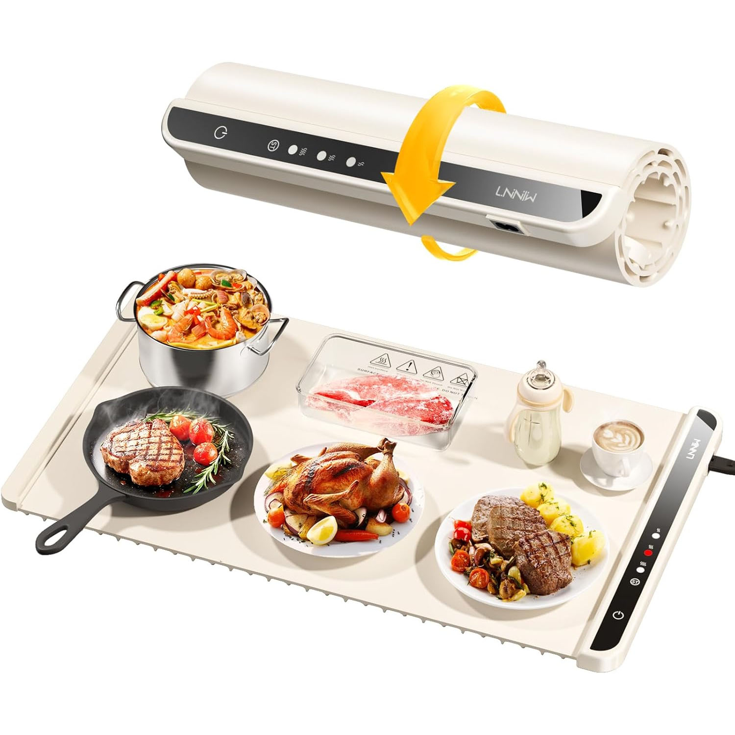 Electric Food Warming Mat with a foldable design, offers eight adjustable temperature settings for keeping food warm, rolling up for easy storage, and features a sleek control panel.