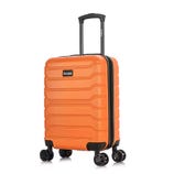 Orange suitcase with a textured hard shell, featuring a black telescopic handle and four rotating wheels for easy maneuverability.