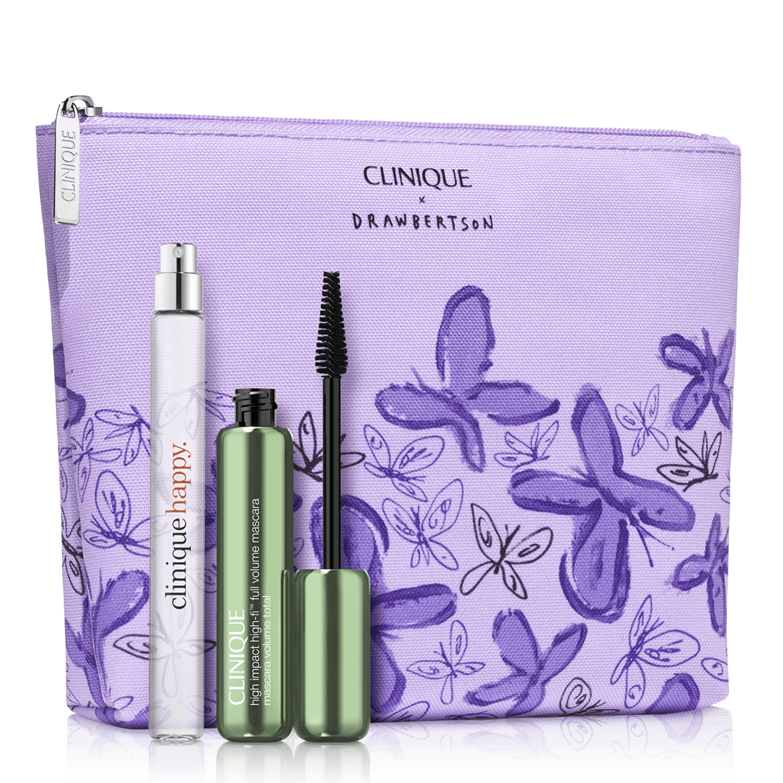 Clinique Fragrance & Mascara Set includes a Clinique Happy rollerball perfume and High Impact High Volume Mascara, presented in a purple pouch adorned with butterfly designs from the Clinique x Drawbertson collaboration.