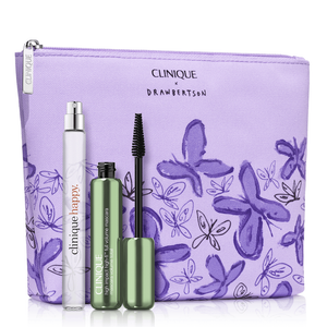 Clinique Fragrance & Mascara Set includes a Clinique Happy rollerball perfume and High Impact High Volume Mascara, presented in a purple pouch adorned with butterfly designs from the Clinique x Drawbertson collaboration.