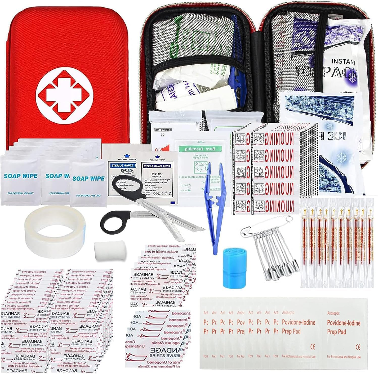 A compact first aid kit featuring bandages, antiseptic wipes, adhesive tape, scissors, tweezers, safety pins, a cold pack, and burn dressings, all housed in a red case with a medical cross.