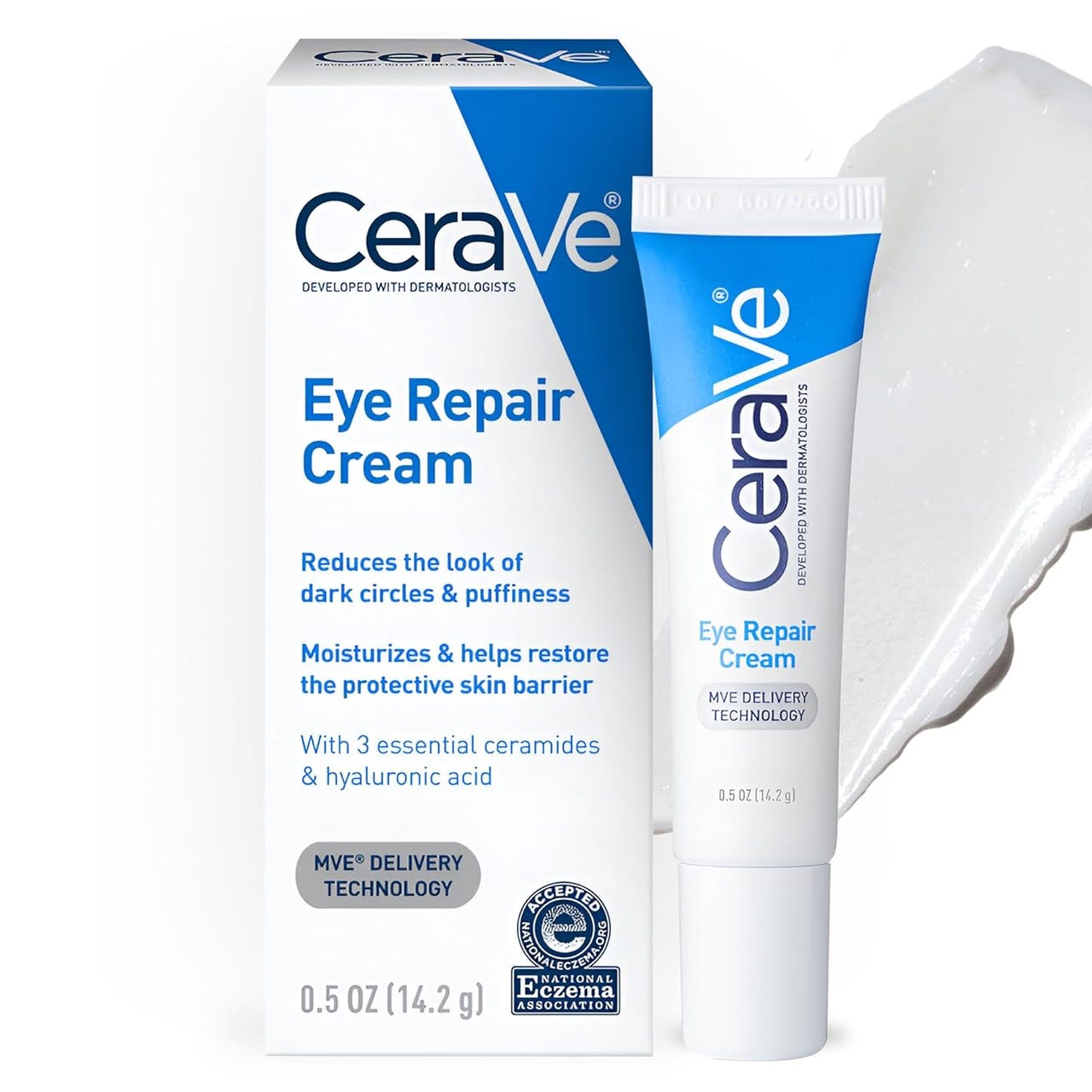 CeraVe Eye Repair Cream reduces dark circles and puffiness, moisturizes, and restores the skin barrier with ceramides and hyaluronic acid. It features MVE delivery technology and is recognized by the National Eczema Association.