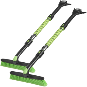 Adjustable snow brushes with green bristles and black handles, featuring integrated ice scrapers at the opposite ends.